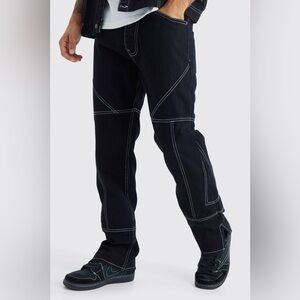 BoohooMAN Straight Rigid Contrast Stitch Zip Hem Jeans in True Black